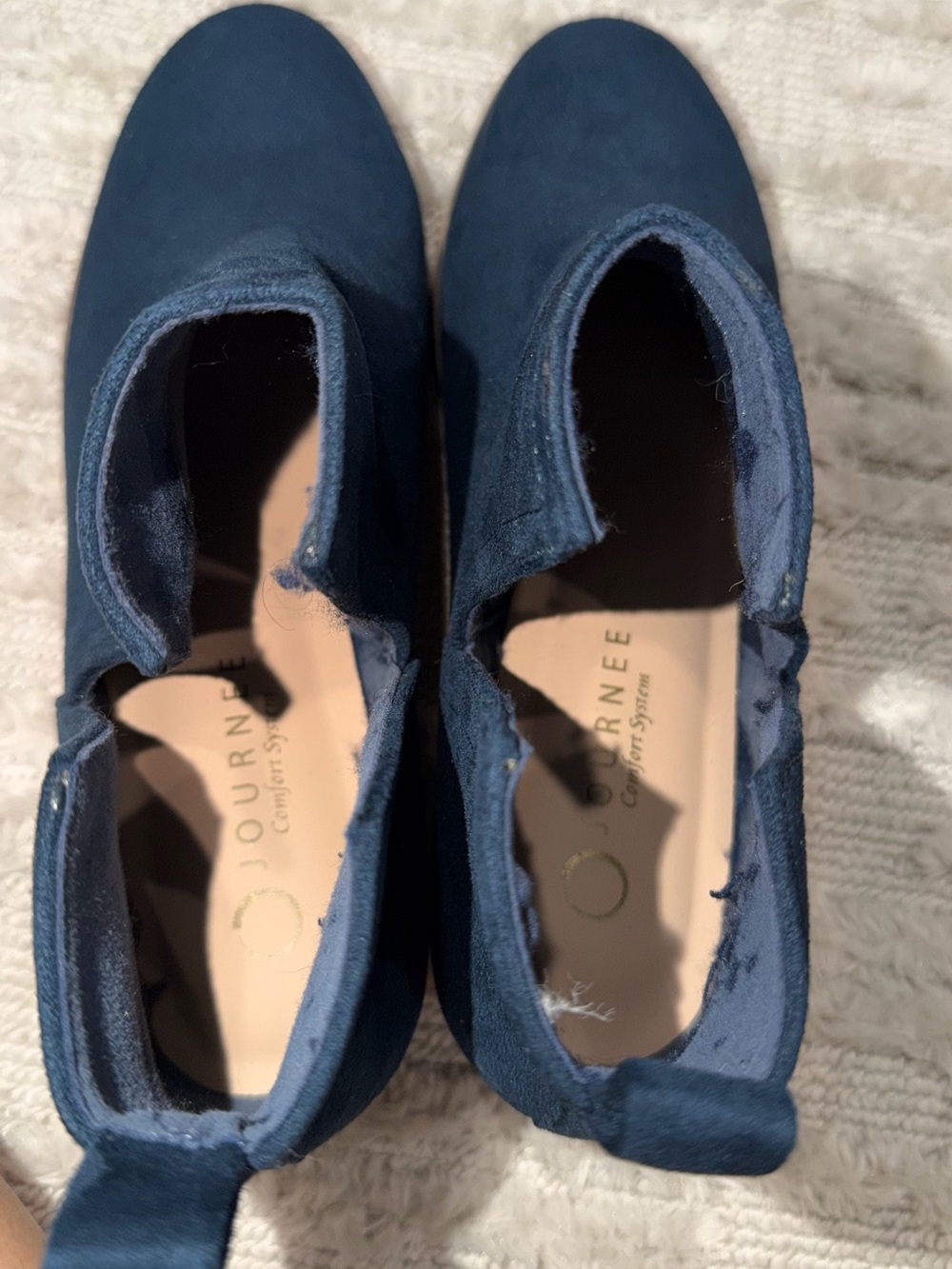 Journee Collection Navy Suede Ankle Booties with Wood-Effect Heel - Picture 2 of 4